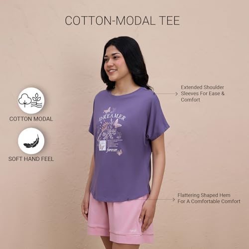 NYKD Buttery Soft Modal Cotton Graphic Tee for Women with Extended Sleeves – Comfortable Relaxed Fit, Stylish Design, Model NYS948 Purple