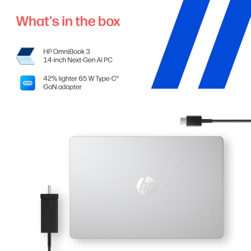 HP Omnibook 3, Snapdragon X Processor 45 Tops (8GB LPDDR5x,512GB SSD) 2K WUXGA, 14''/35.6cm, Win 11, M365*Office 24,Silver,1.42kg, hz0056QU, Lighter mini Charger, FHD IR Camera, Next Gen AI Laptop