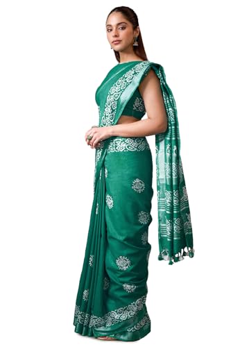 Soch Womens Turquoise Blue Linen Batik Print Sarees With Tassels