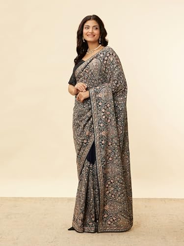 MOHEY Women's Georgette Paisley Embroidered Saree with Blouse Piece(Indigo Blue)