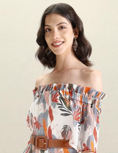 U.S. POLO ASSN. Women's Polyester A-Line Midi Casual Dress (UWSS24DRS132_White, Grey and Red