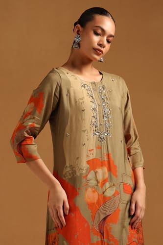 Soch Womens Olive Muslin Floral Print Kurta with Beads