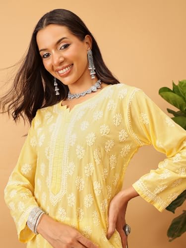 Ada Hand Embroidered Lucknowi Chikankari Yellow Cotton Kurta Kurti for Women A411711 (L)