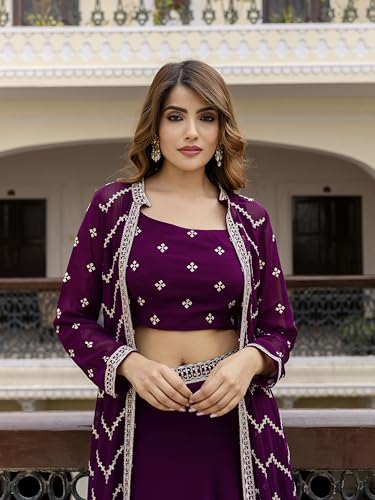TRENDMALLS Women's Georgette Sequin Embroidery Crop Top Lehenga with Shrug Suit Set (G276-Purple-XL-)