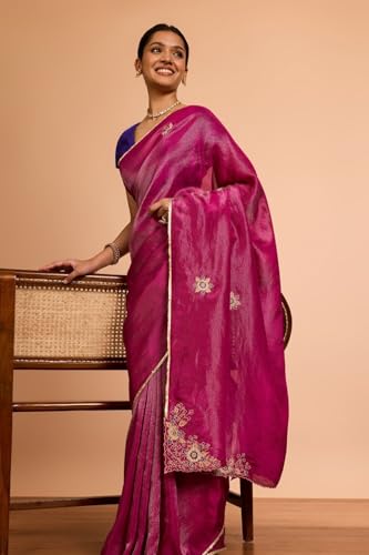 Taneira Women Purple Bengal Pure Tissue Organza Embroidered Saree with Unstitched Blouse Piece (SAIP01AC2159-Purple)