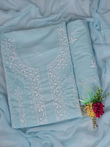 Ada Hand Embroidered Lucknowi Chikankari Unstitched Cotton Dress Material Suit Piece with Dupatta for Women 01A773515 Blue