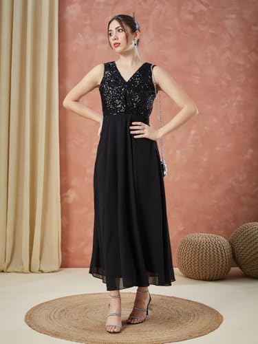 Latin Quarters Women's Black Sleeveless Sequin V-Neck Evening Dress_XXL