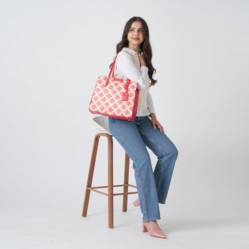 Caprese Shibori Large Tote Bag for Women | Printed Faux Leather Shoulder Bag with Multi-Compartments | Zipper Closure | Includes Detachable Charm | Stylish Everyday Bag (Pink)