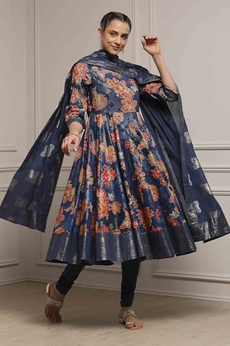 Biba Women Navy Cotton Anarkali Printed Suit Set_42