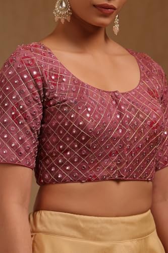 Soch Womens Onion Pink Georgette Embroidered Padded Blouse with Faux Mirror