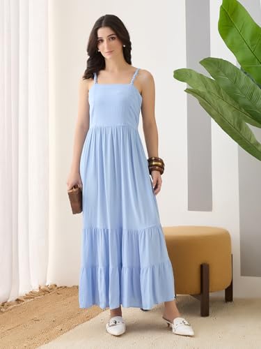 Latin Quarters Women Blue Solid Maxi Strappy Square Neck Casual Dress_M