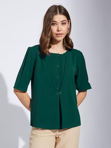 Latin Quarters Women Green Round Neck Half Sleeve Solid Tunic Blouse_S