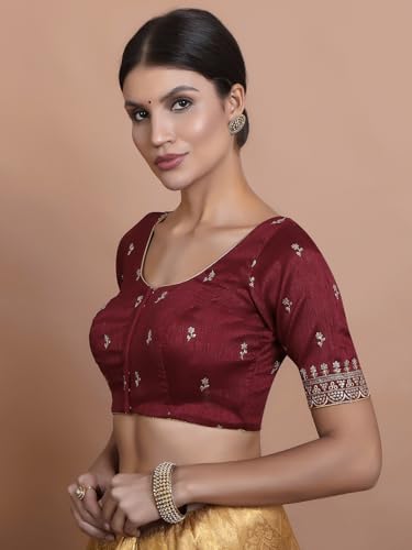 S SALWAR STUDIO Maroon Silk Embroidered Round Neck Readymade Blouse