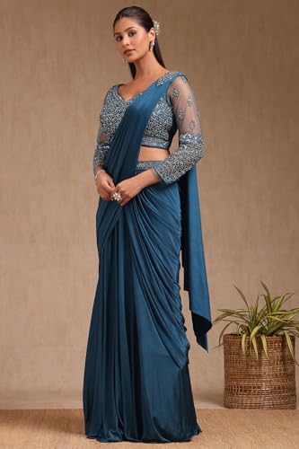 Soch Womens Teal Nylon Blend Solid Ready To Wear Saree With Cutdana
