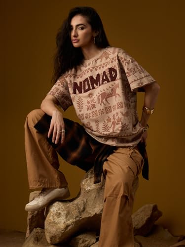 The Souled Store Nomad: Indus Brown Women and Girls Short Sleeves Round Neck Light Brown Ethnic Print Cotton Breathable Lightweight Streetwear Oversized T-Shirt