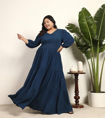 DEEBACO Women's Plus Size Solid Rayon Tiered Maxi Dress|3/4 Sleeve|V-Neck|Casual Trending Stylish Long One Piece Dresses Women Western(DBDRP00002316_4XL_Teal Blue)