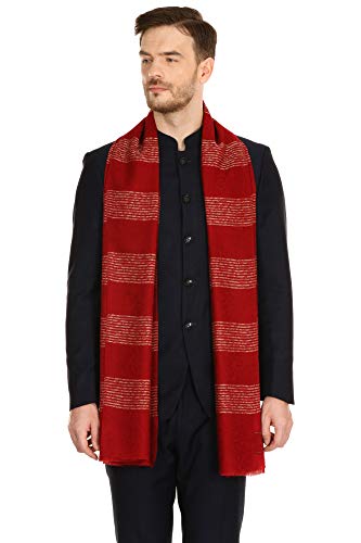 Pashtush Woven Mens Fine Wool Stole, Stiped Design, Mens Muffler, Warm Cashmere Feel (Maroon)