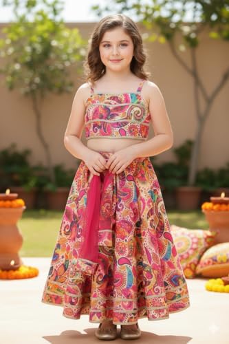 Naixa Girls Multicolor Digital Print Rayon Fabric Lehenga Choli with Dupatta Set | Ready to Wear Lehenga Choli Set | Lehenga Choli Set for Girls (SE51_5-6 YEAR)