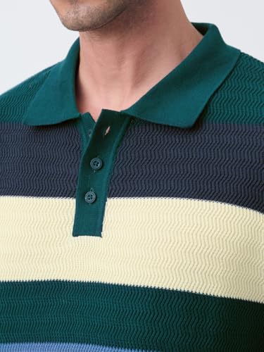 The Souled Store Jacquard Polo: Marine Vibe Men and Boys Short Sleeve Spread Collar Green Blue Yellow Striped Cotton Regular Fit Textured Polos