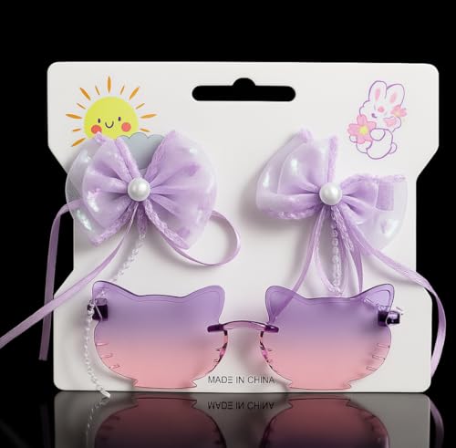 Kids Cat Eye Sunglasses with Lavender Hair Bow Clips Combo for Girls | UV Protection Stylish Accessory Set of 2