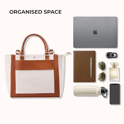 Symbol Premium Women's Tote Hand Bag crafted from Imported PU | Stylish | Office Use - 14" Laptop (SP-SS25-CARL-BAG-03_Cream + Tan_Free Size)
