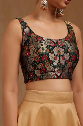 Soch Womens Black Tussar Floral Print Padded Blouse with Zari Woven
