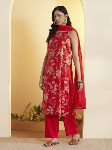 BIBA Viscose Blend Printed Straight Semi-Formal Kurta With Palazzo And Dupatta