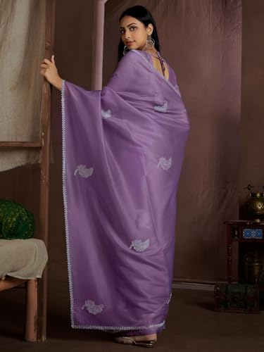 SAREE MALL Women's Lavendar Pure Silk Embellished Saree With Unstitched Blouse (MAHEK957D_MK)