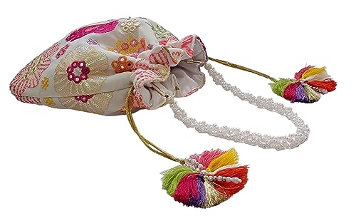 DUCHESS Women's Embroidered Polti Bag with Pearl Handle and Tassel - Bridal Ethnic Traditional Casual Purse/Clutch/Handbag, (21 L X 2 W X 23 H C, Multi)