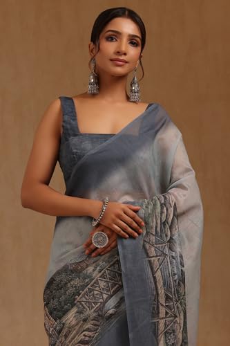 Soch Womens Grey Chanderi Digital Print Saree