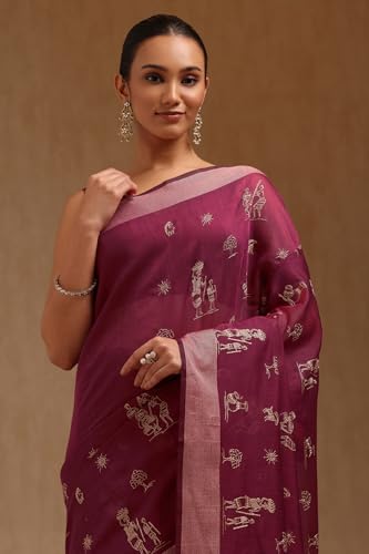 Soch Womens Wine Chanderi Warli Saree With Thread Work