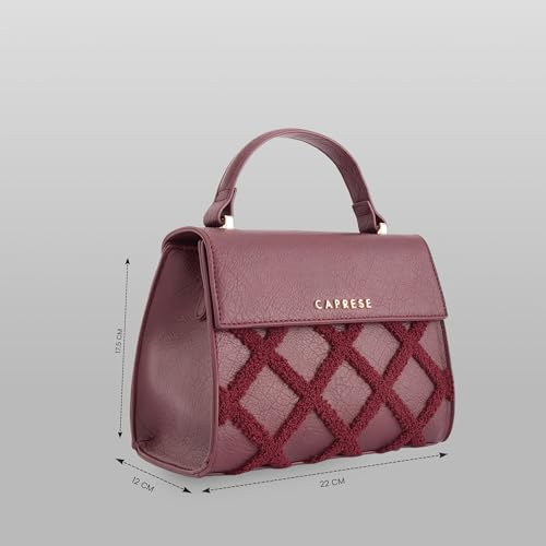 Caprese Athena Small Chenille Embroidery Faux Leather Satchel for Women | Elegant Multi-Compartment Shoulder Handbag with Adjustable & Detachable Strap | Premium Magnetic Button Closure (Cherry)