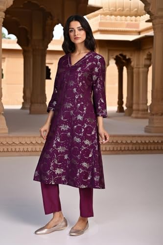 W for Woman Floral Printed Jacquard A-Line Kurta with Straight Pant and Dupatta Set - Purple (WS13245-314312-XL)