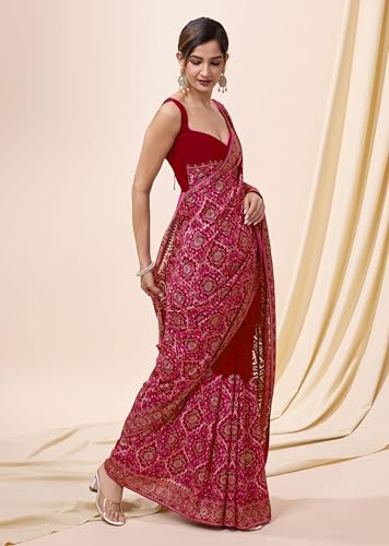 TRENDMALLS Women's Vichitra Silk Embroidery Work Saree with Unstitch Blouse Piece (K1088-Red)