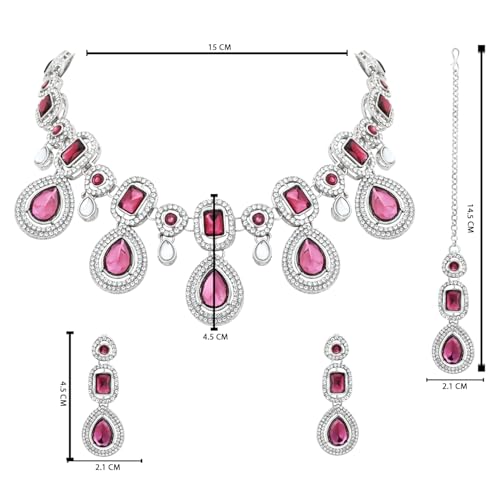 I Jewels Silver Traditional Kundan & Stone Choker Necklace Jewellery With Earrings & Maang Tikka Set for Women/Girls (Silver wine)