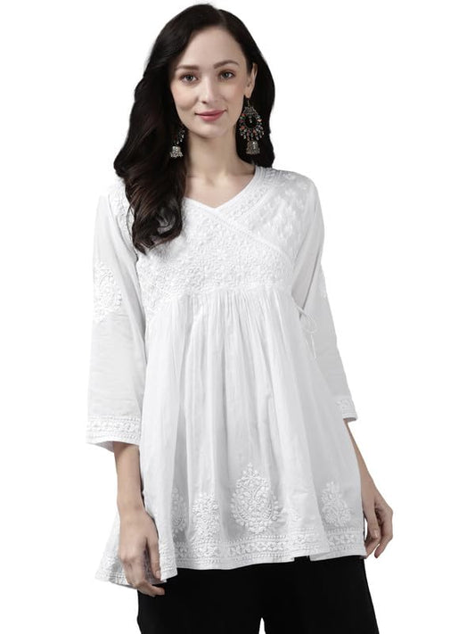 Ada Hand Embroidered Lucknowi Chikankari Cotton Flared Angrakha A-line Short Top Kurti for Women A911159 White (XS)