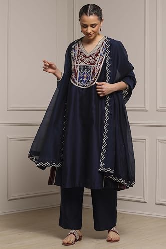 Biba Women Blue Cotton Blend A-Line Printed Suit Set_32
