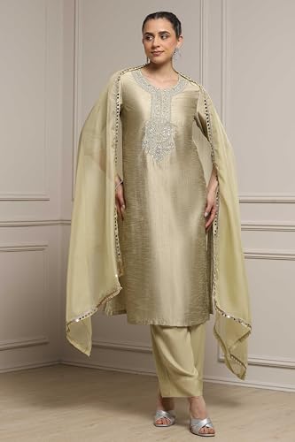 Biba Women Light Green Viscose Blend Straight Dyed Suit Set_42