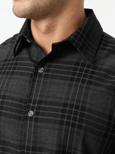 The Souled Store: Phantom Men and Boys Long Sleeve Spread Collar Black Plaid Cotton Blend Lightweight Easy to Style Everyday Office Wear Casual Regular Shirt