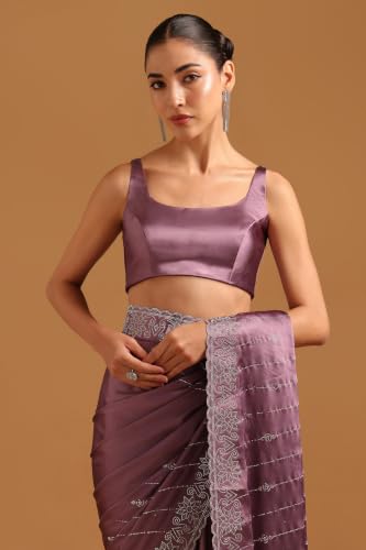 Soch Womens Lavender Satin Swarovski Stone Embellished Embroidered Border Saree