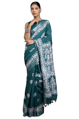 Soch Womens Teal Linen Batik Print Saree