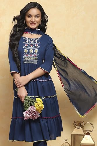 BIBA Girl's Navy Blue Cotton Tiered Solid Suit Set