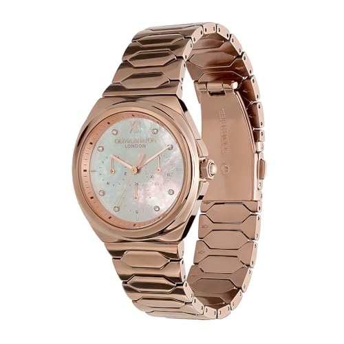 Olivia Burton Lustre Qtz Multifunction White Mother of Pearl Cushion Dial Women's Watch|Ionic Plated Rose Gold Steel Material|Rose Gold Color Band - 24000151