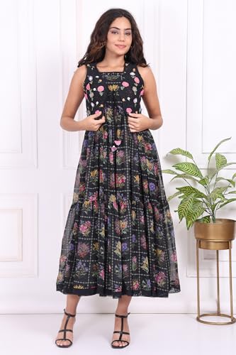 W for Woman Black Floral Printed Poly Georgette Flared Dress with Embroidered Waist Coat Set - (W12969-125847-S)