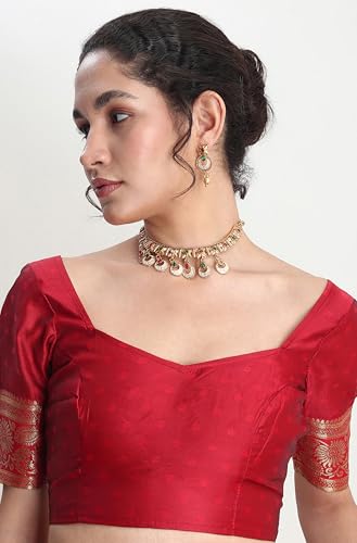 Janasya Women's Red Silk Blend Floral Woven Design Jacquard Saree with Blouse Piece