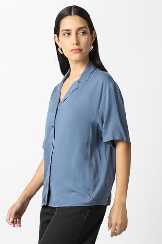 Women Light Blue Solid Short Sleeves Casual Shirt