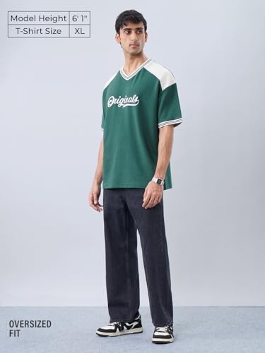 The Souled Store Racer Men and Boys Short Sleeves V-Neck Dark Green Colour-Block Retro Athletic Casual Drop Shoulder Streetwear Trendy Oversized T-Shirt