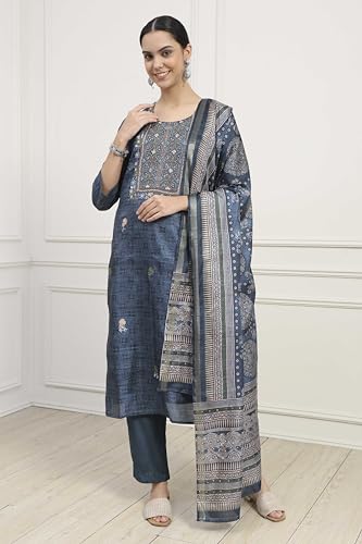 Biba Women Navy Blue Silk Tussar Hand Embroidered Unstitched Suit Set_FREE SIZE