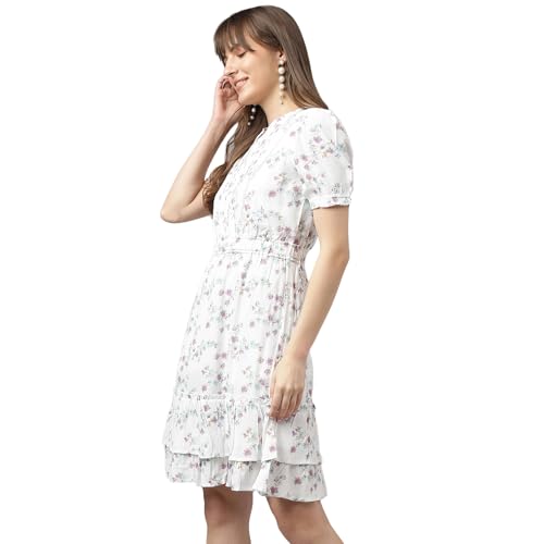 Latin Quarters Women Lilac V-Neck Short Sleeves A-Line Printed Dress_M