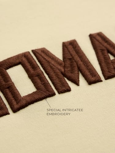 The Souled Store Nomad: Life Men and Boys Short Sleeves Round Neck Beige Embroidered Casual Drop Shoulder Streetwear Trendy Super Oversized T-Shirt